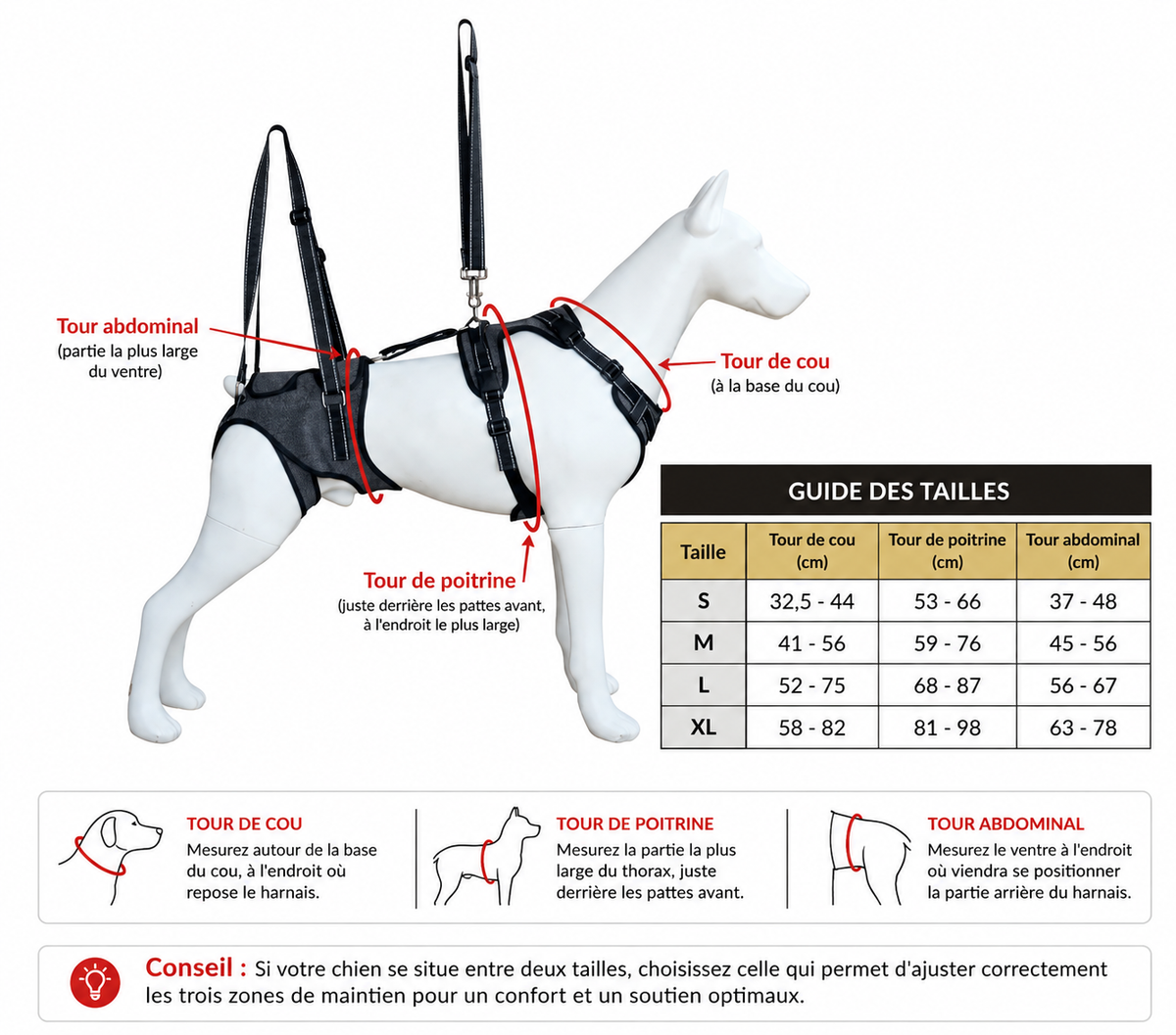 Guide des tailles ELCANOR Mobility Assist pour harnais de soutien chien