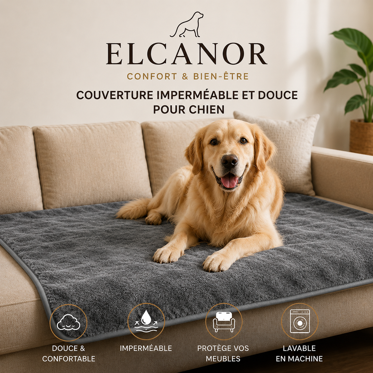 Couverture imperméable ELCANOR Douceur Protect pour protéger le couchage du chien