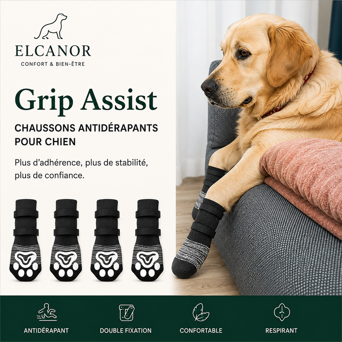 ELCANOR Grip Assist – chaussons antidérapants pour chien