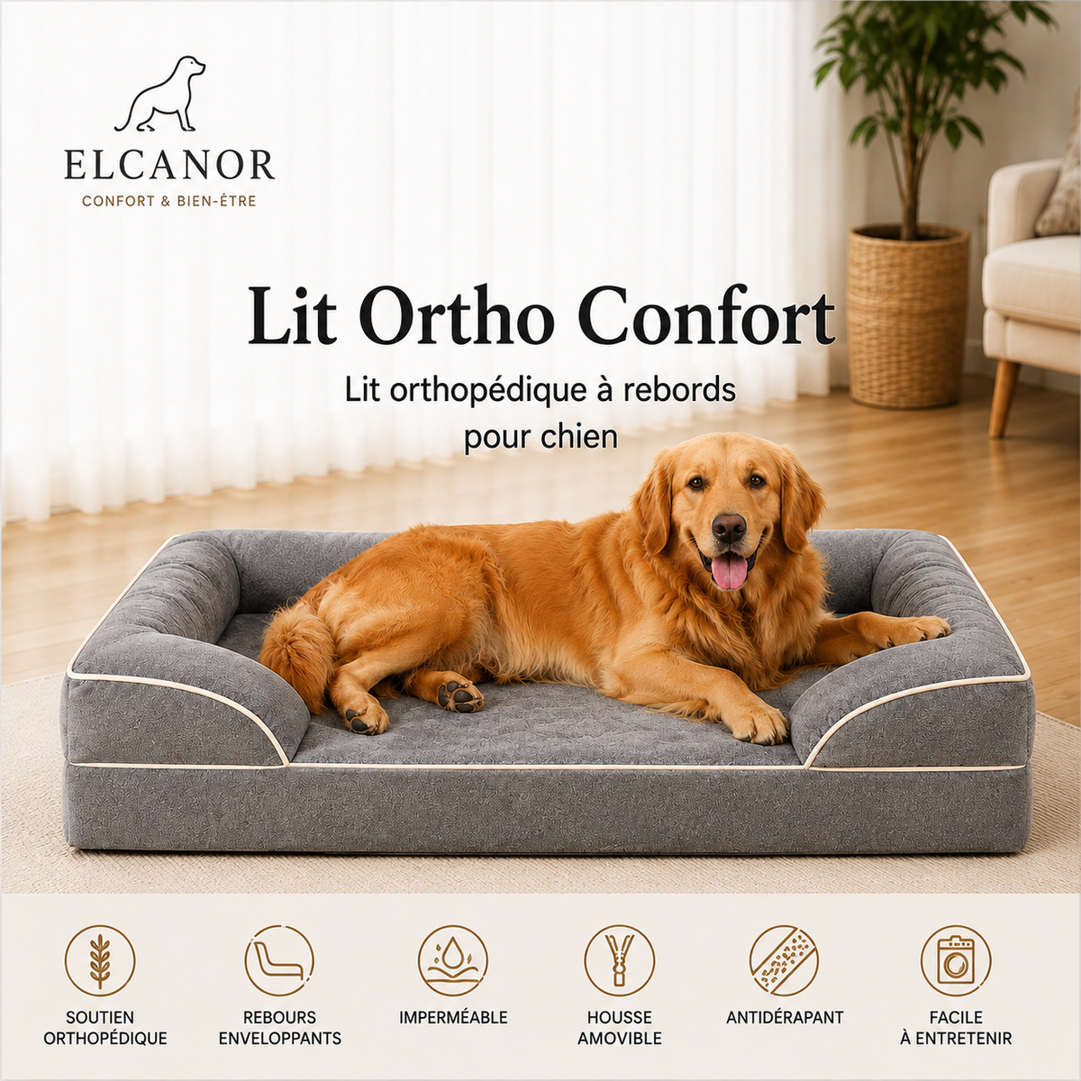 ELCANOR Ortho Confort – lit orthopédique à rebords pour chien gris