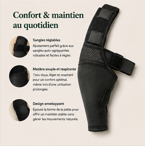 Détails du support de patte ELCANOR Leg Support avec sangles réglables et conception souple